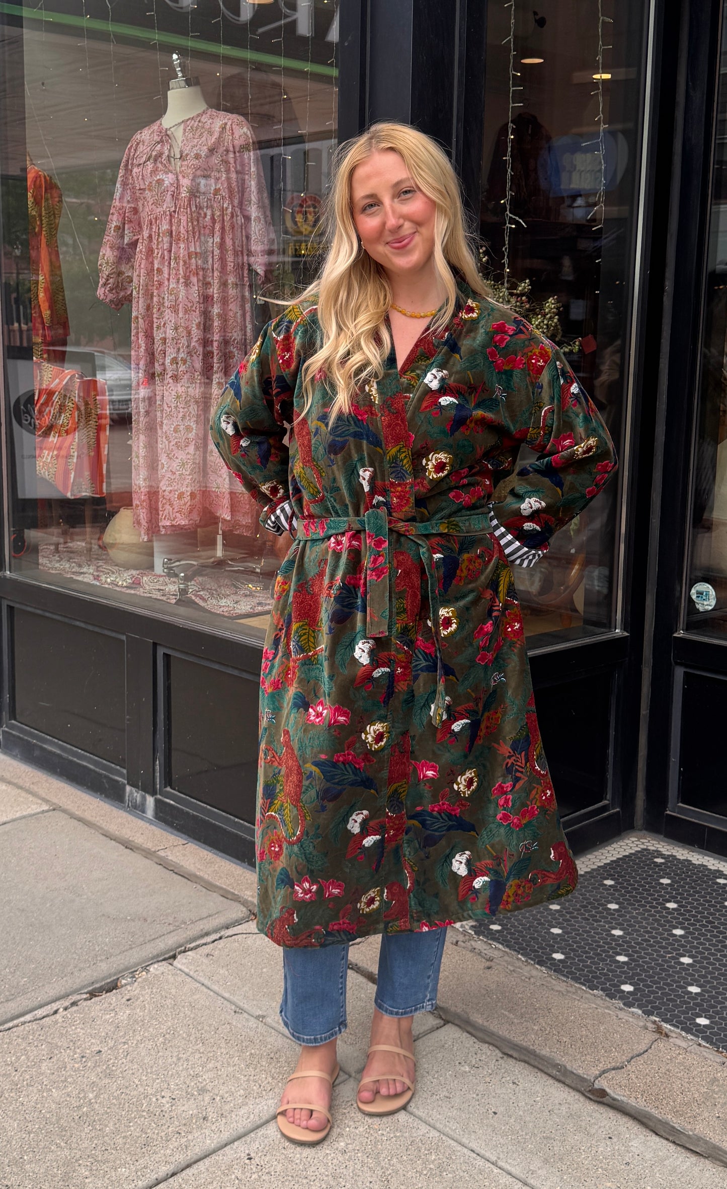 Long Velvet Free Size Green & Floral Coat