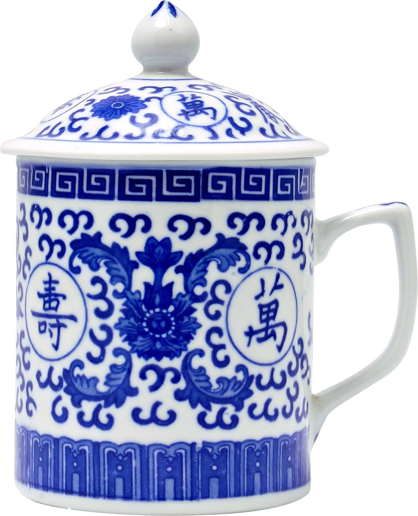 Blue & White Ceramic Mug w/lid - Longevity