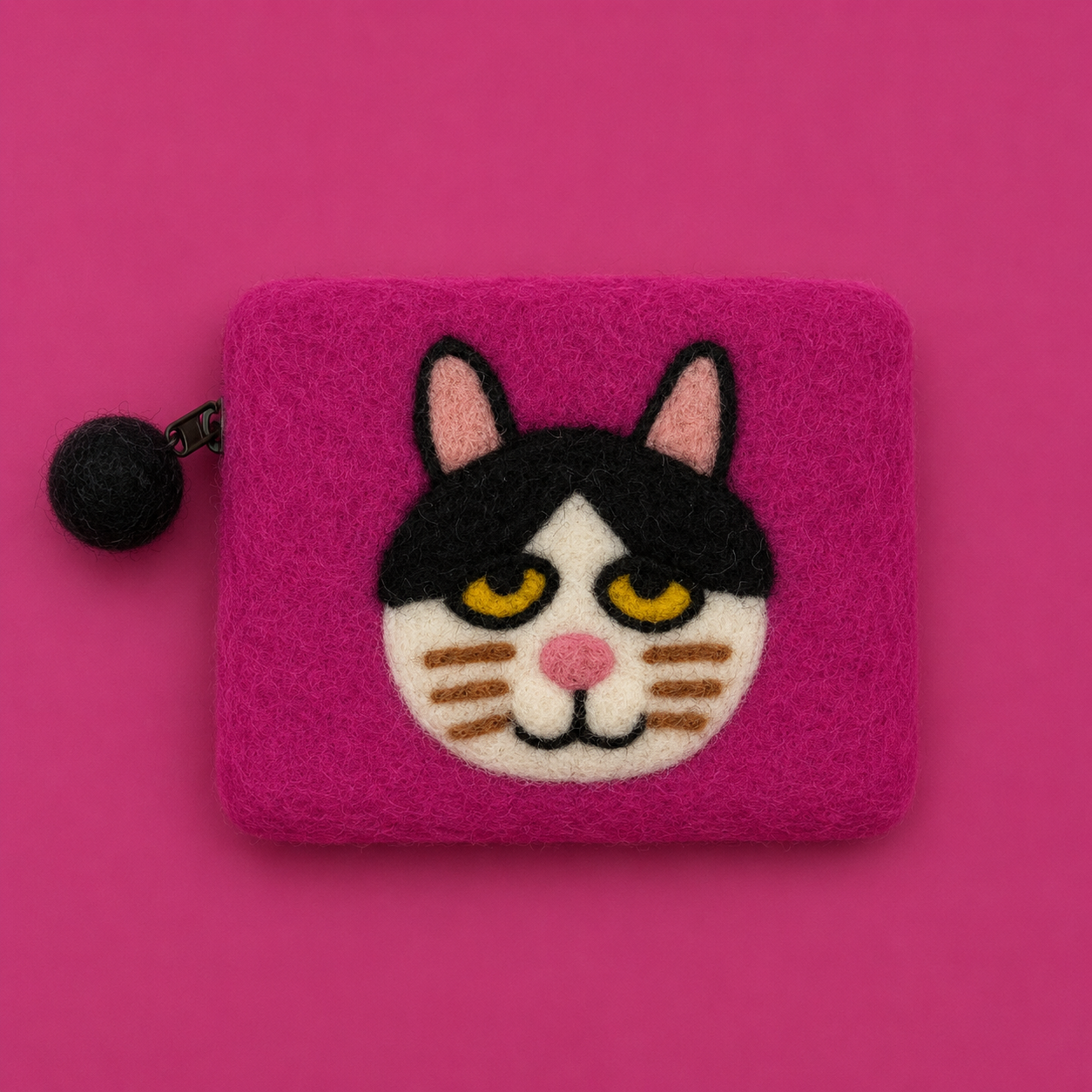 Handmade Felted Wood Pink Cat Coin Purse