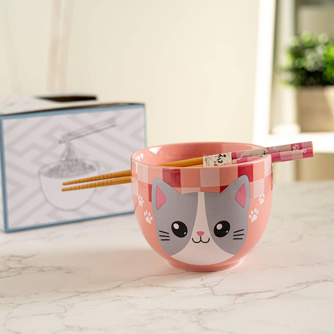 18oz 5"D Donburi Bowl With Chopsticks Set Neko Friends Pink