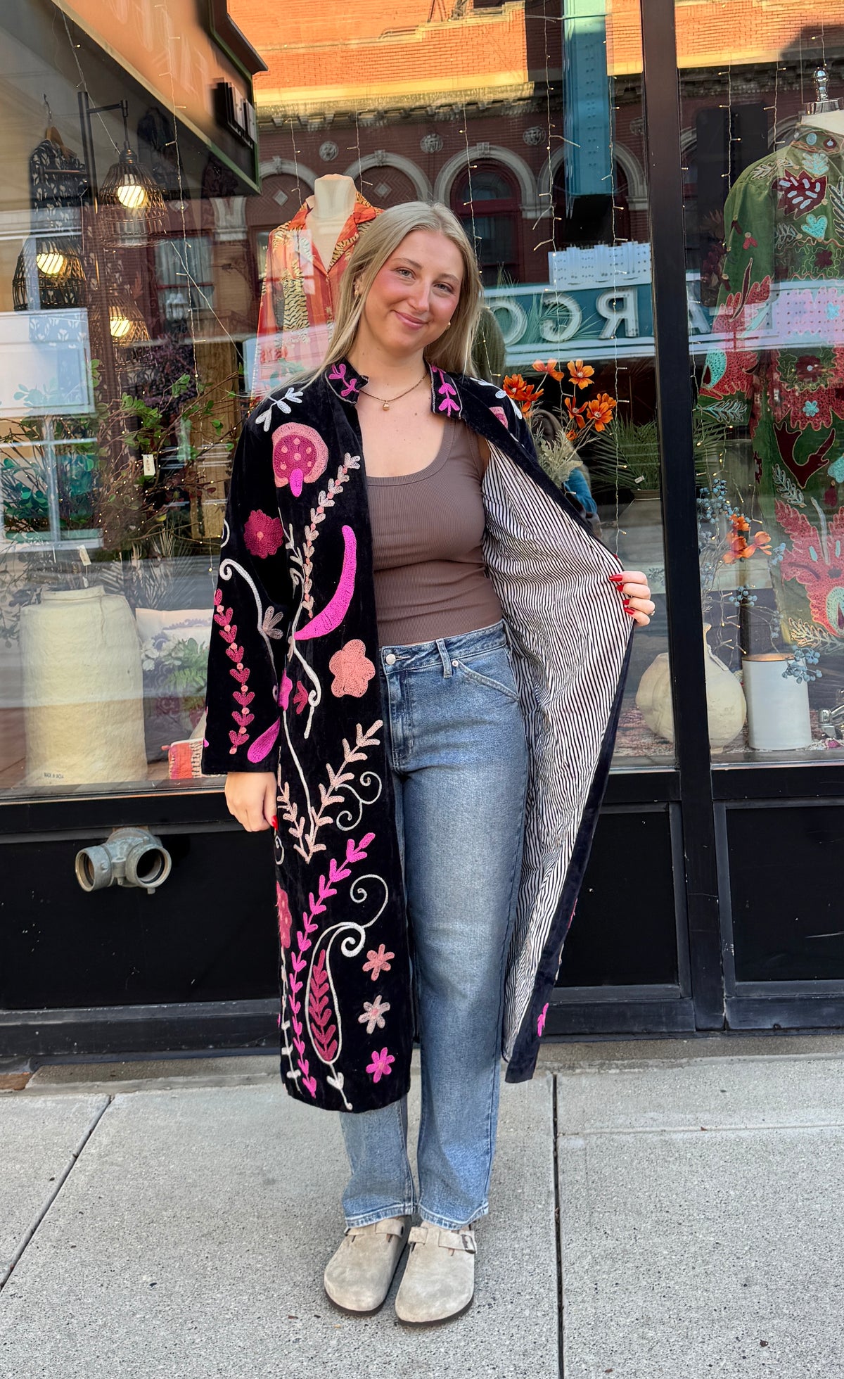 Black Colorful Velvet Suzani Embroidered Long Jacket Free Size