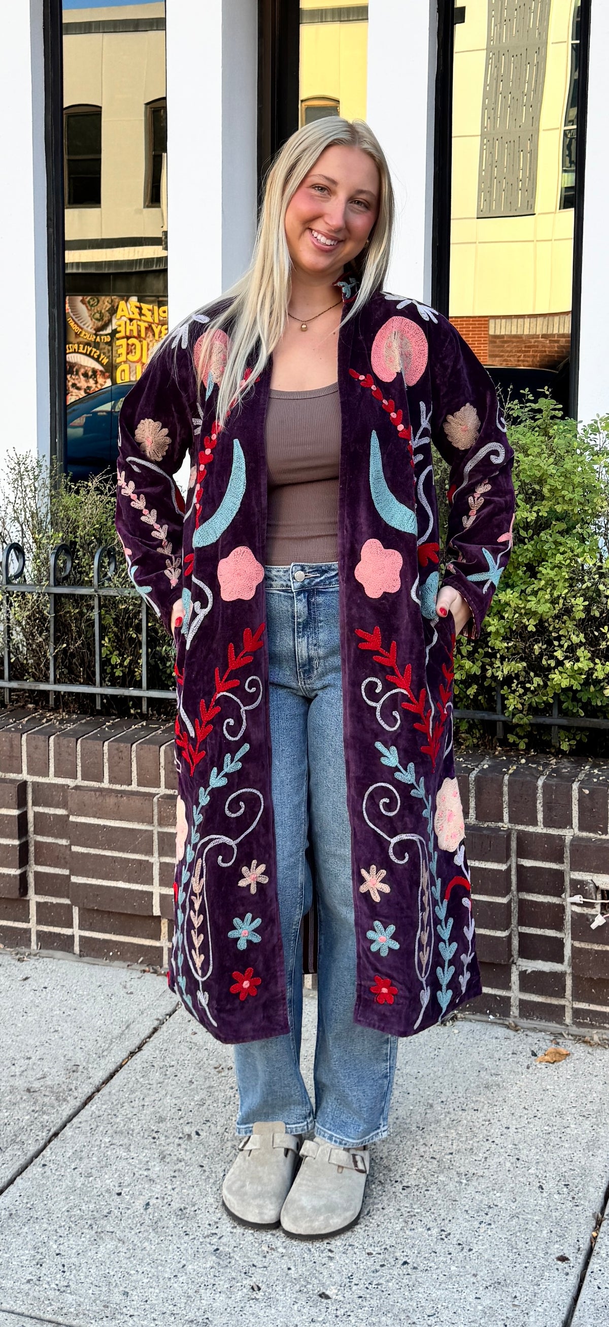 Deep Purple Colorful Velvet Suzani Embroidered Long Jackets Free Size