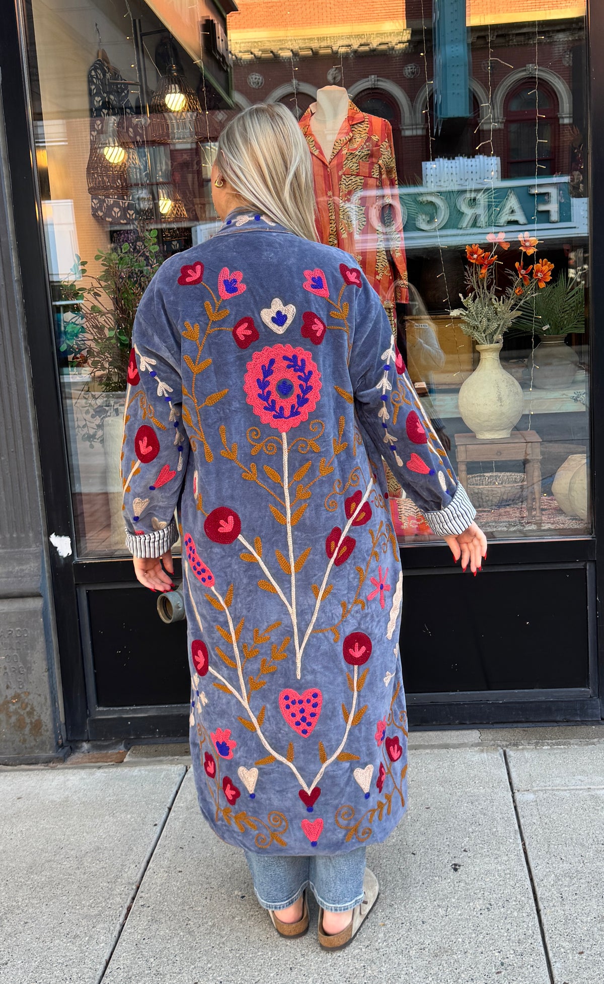 Slate Blue Velvet Suzani Embroidered Long Jacket Free Size
