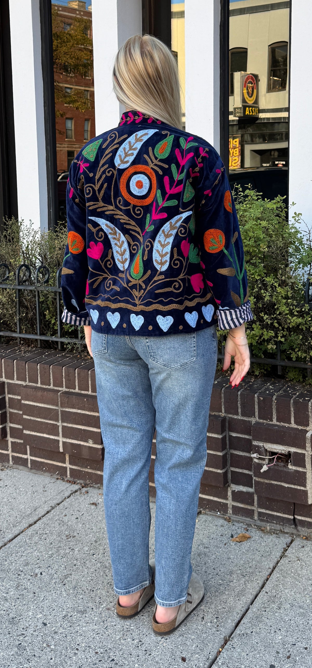 Navy Velvet Embroidered Suzani Jacket Blue Hearts Free Size