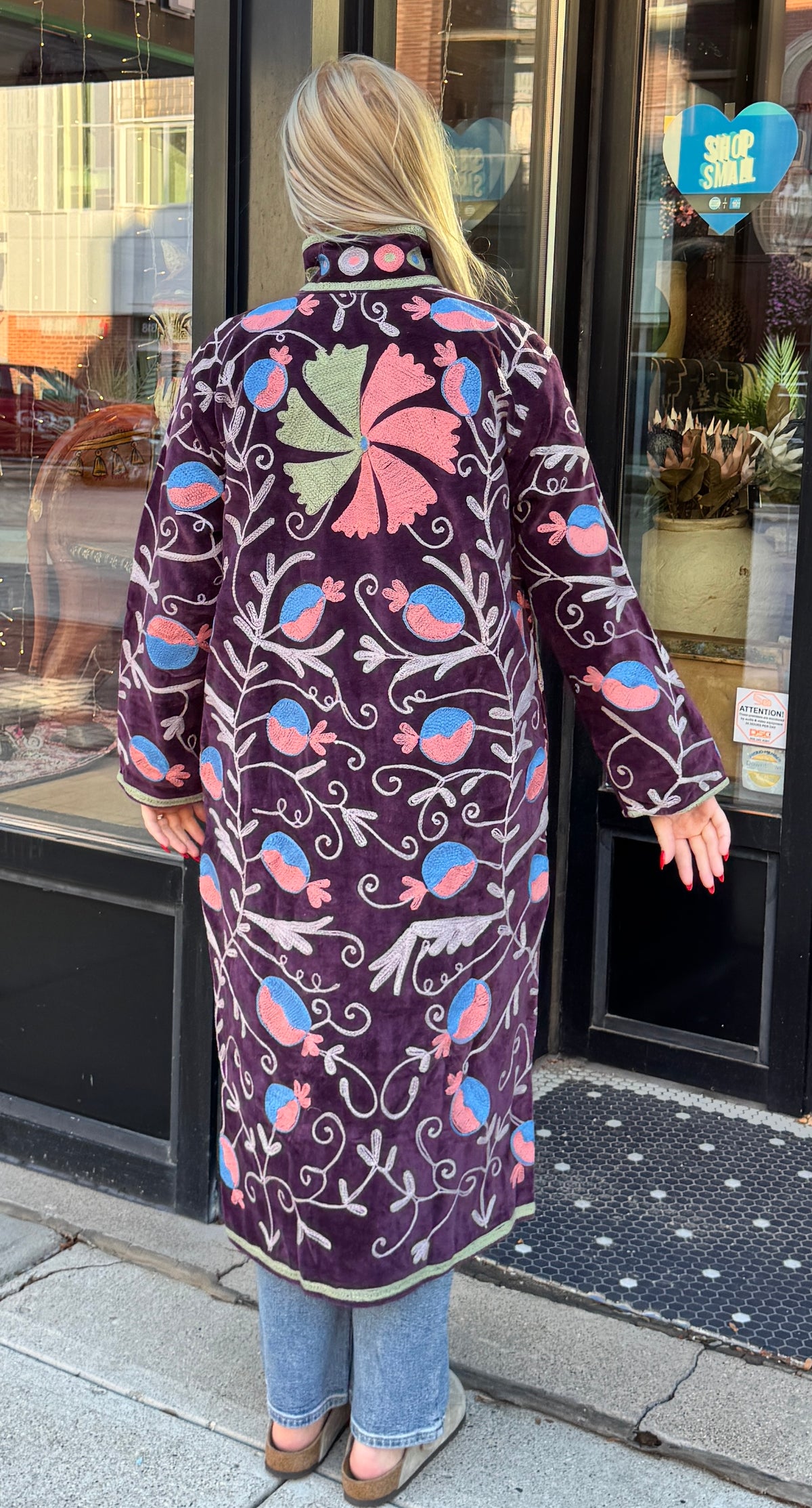 Deep Purple Velvet Suzani Embroidered Long Jacket Free Size