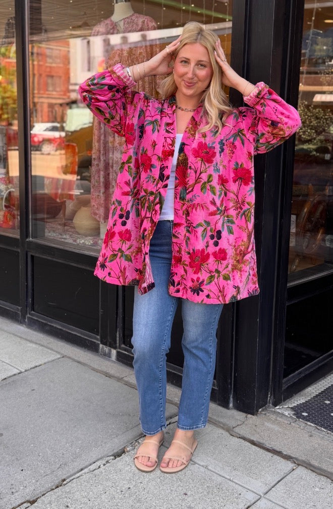 Free Size Velvet Hot Pink & Birds Jacket