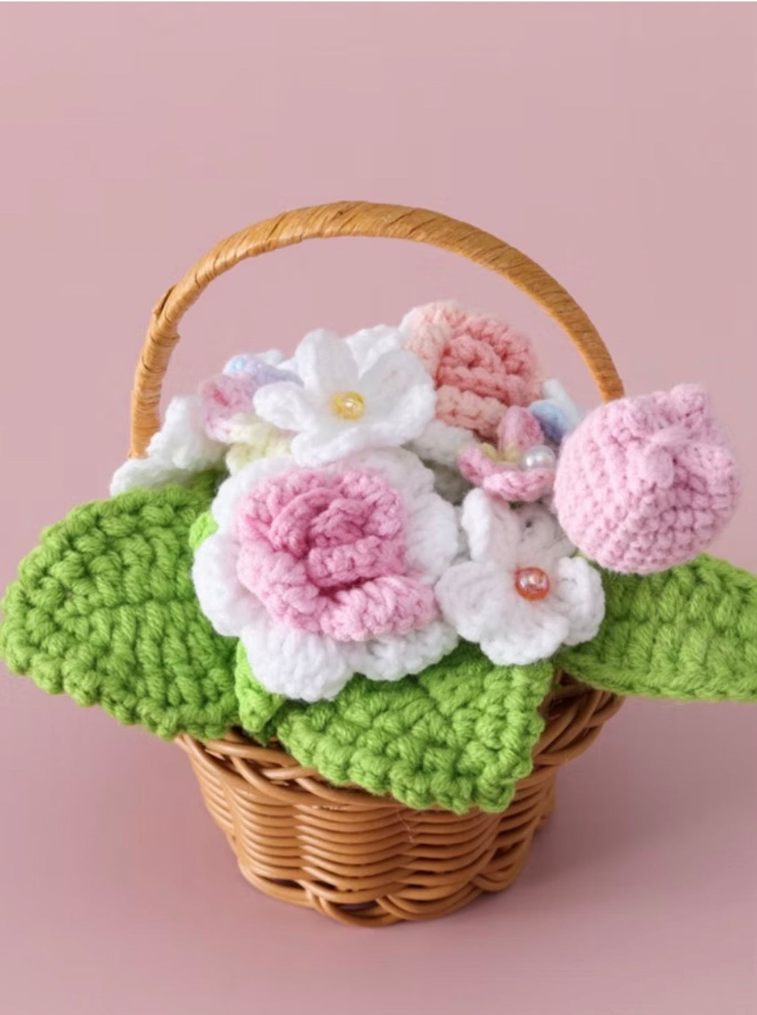 Basket Of Pink Crocheted Flowers