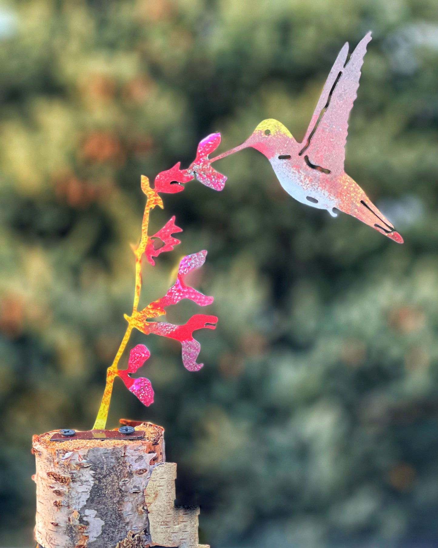 Steel Painted Steel Hummingbird & Flowers