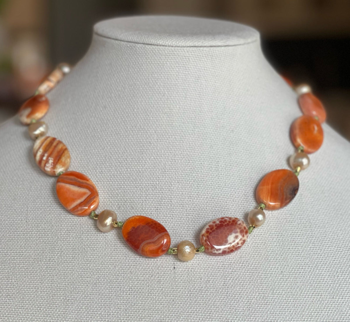 Fire Agate & Pearl & Green Accent Necklace O'Day Cache