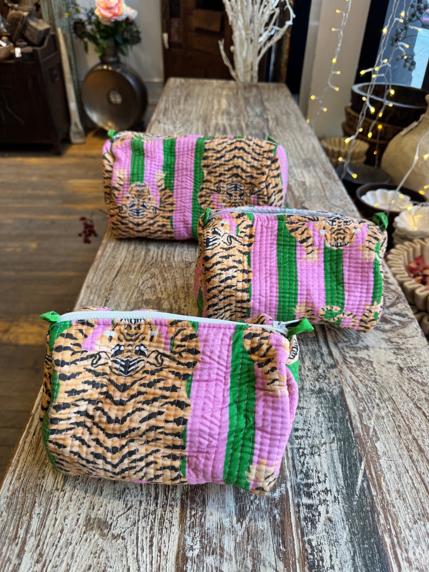Three Piece Tiger Pink & Green Zipper Bags