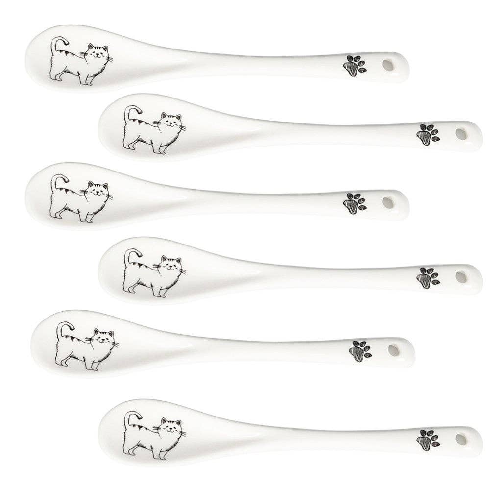 6 Piece Pack 4.75"L Porcelain Tea Spoon Cat Design Standing