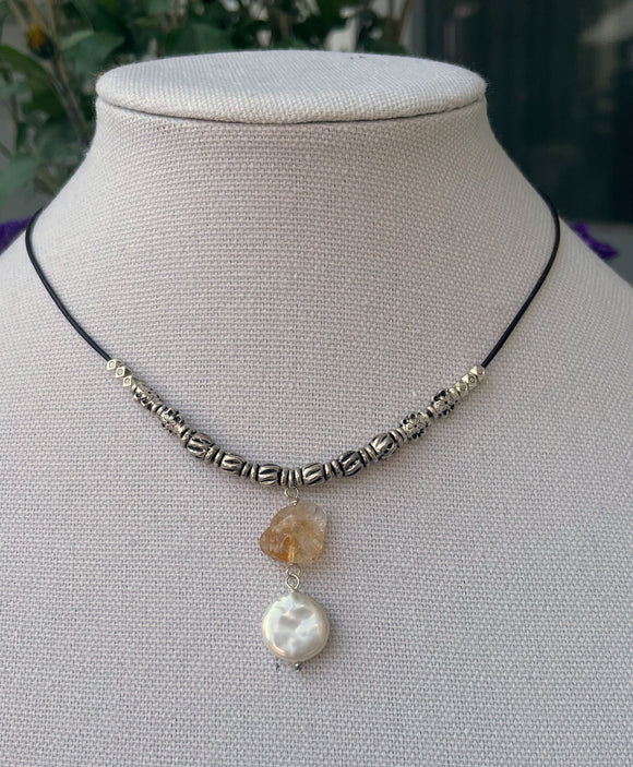 Citrine & Pearl Drop Leather Necklace