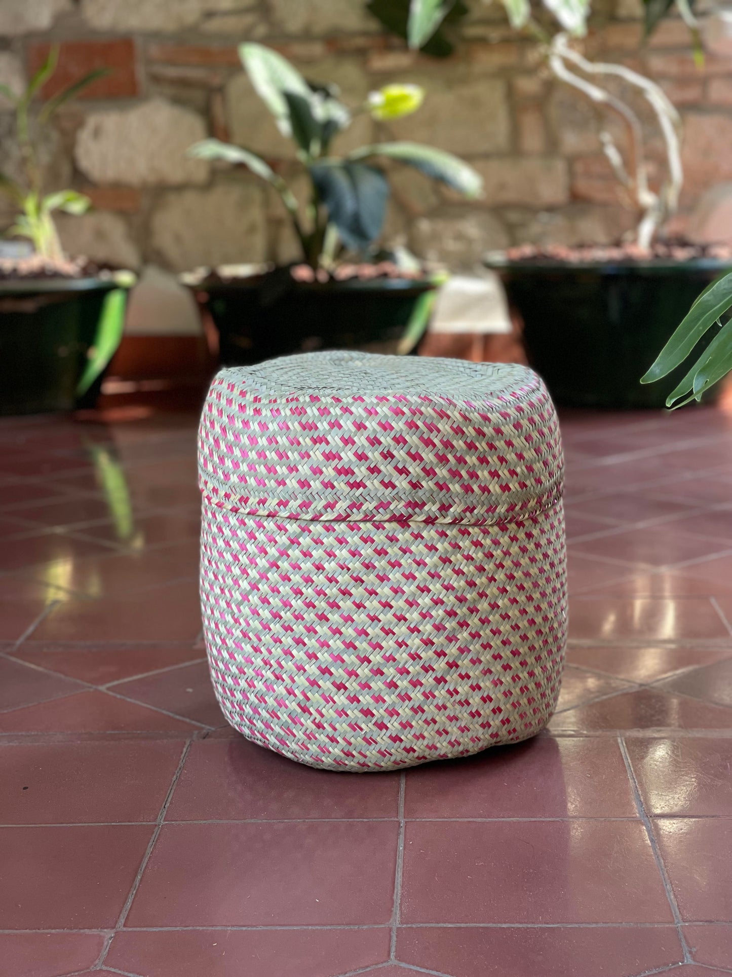 Oaxacan Handwoven Basket Pink Zig Zag XL