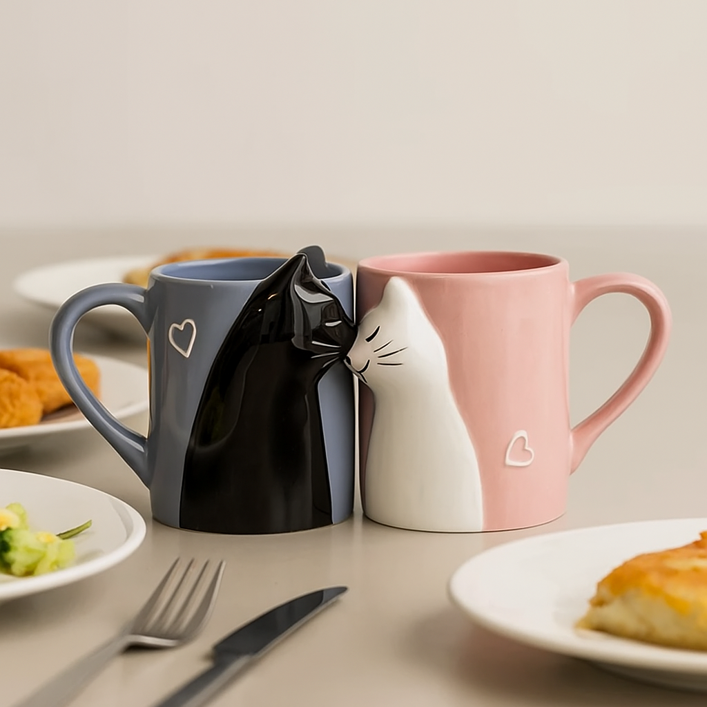 Kissing Cats Ceramic Mug Set