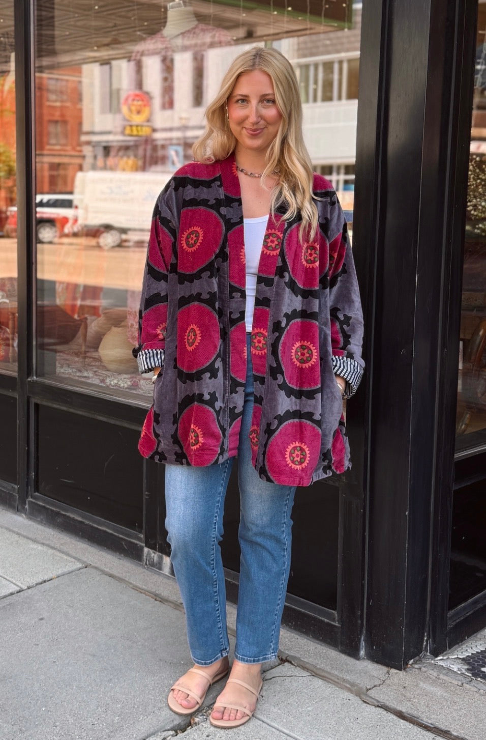 Velvet Free Size Plum & Hot Pink Circles Jacket