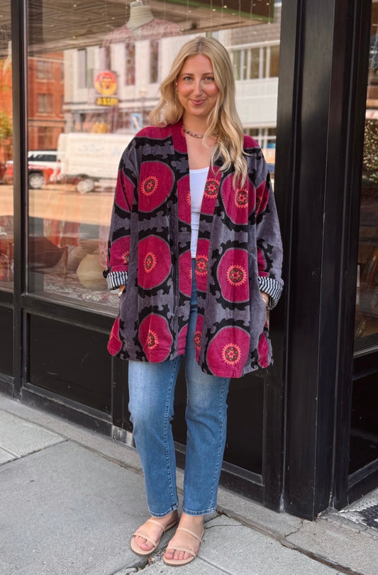 Velvet Free Size Plum & Hot Pink Circles Jacket
