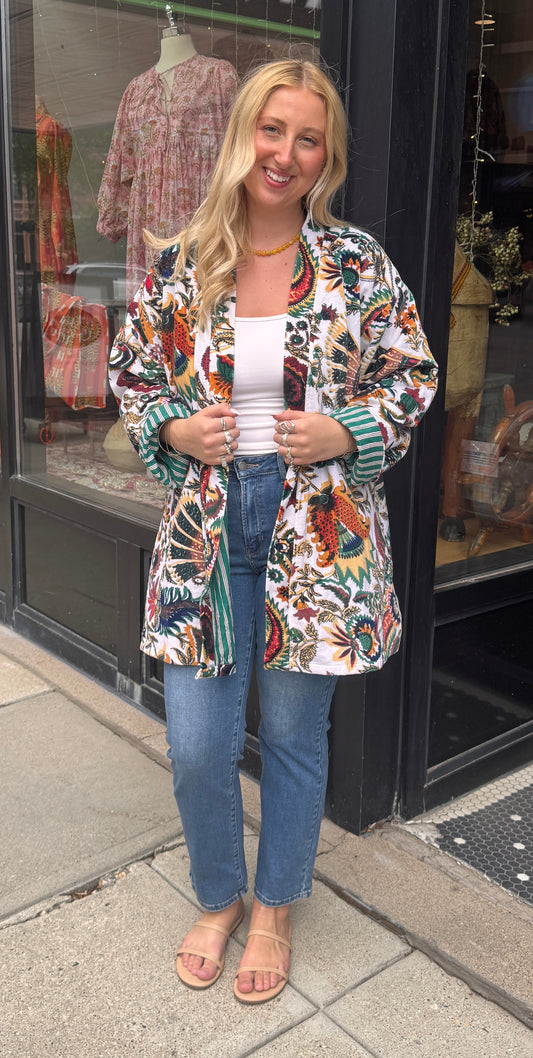 Free Size Velvet White & Green Floral Jacket