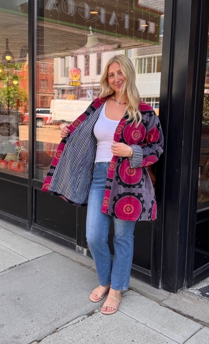 Velvet Free Size Plum & Hot Pink Circles Jacket