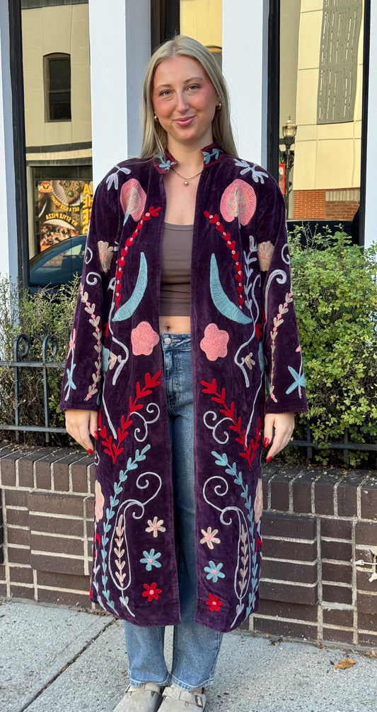 Deep Purple Colorful Velvet Suzani Embroidered Long Jackets Free Size