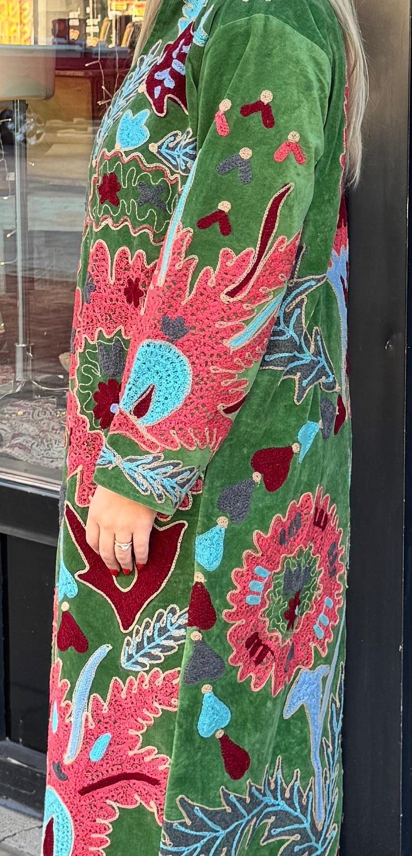 Green Colorful Velvet Suzani Embroidered Long Jacket Free Size