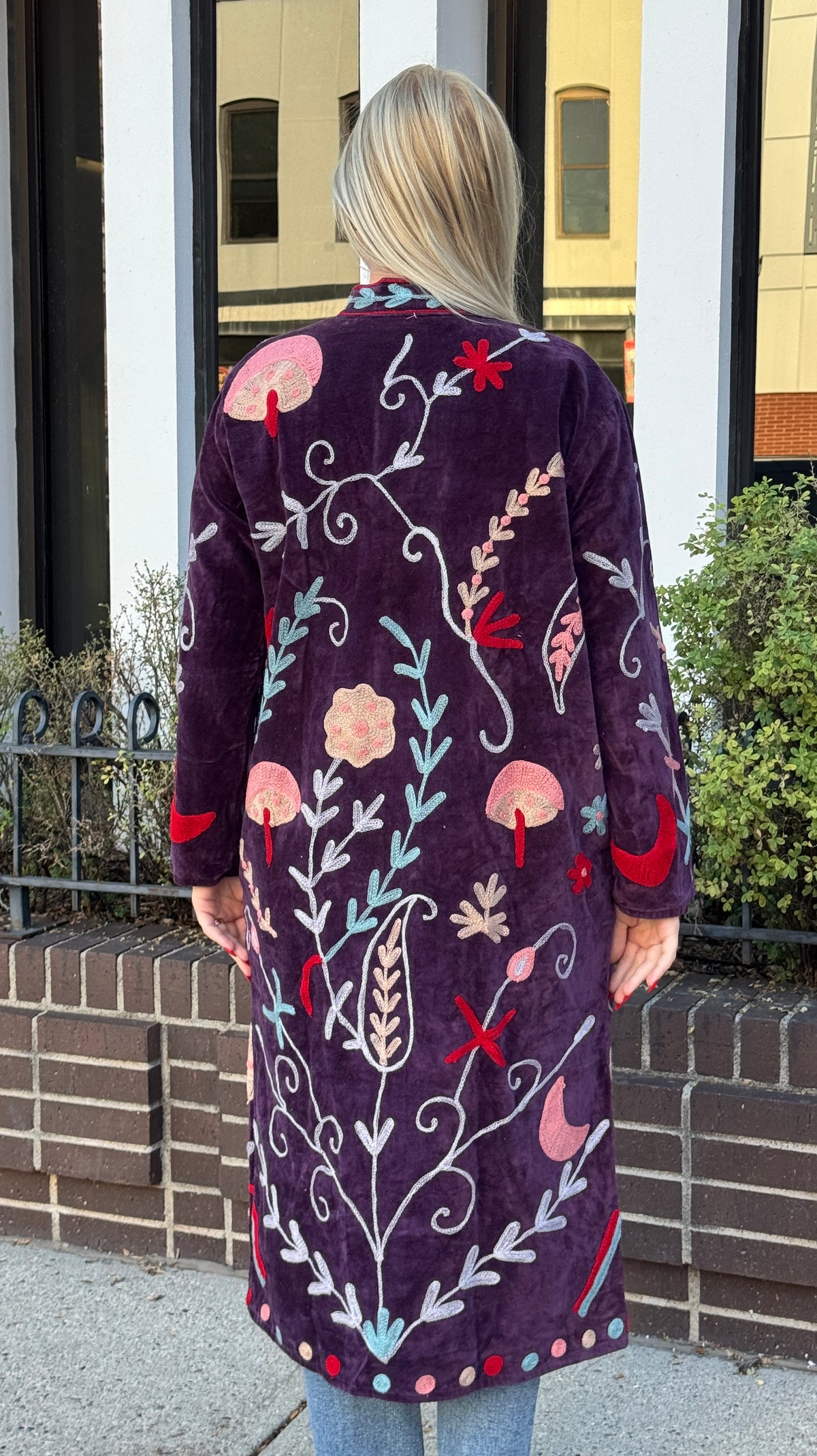 Deep Purple Colorful Velvet Suzani Embroidered Long Jackets Free Size