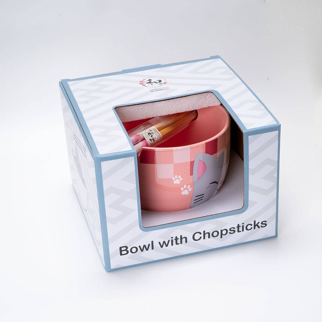 18oz 5"D Donburi Bowl With Chopsticks Set Neko Friends Pink