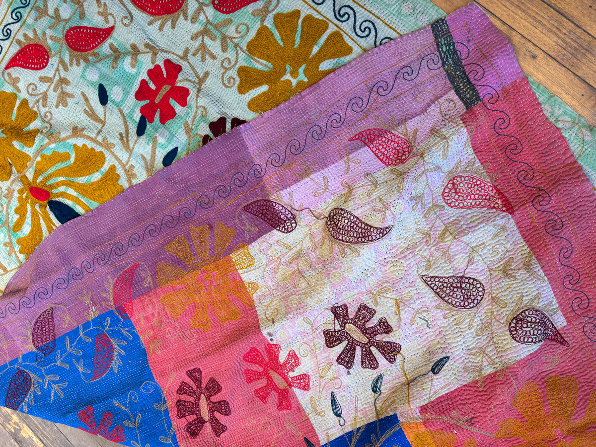 8A. Vintage Kantha Suzani Throw 74" x 60"