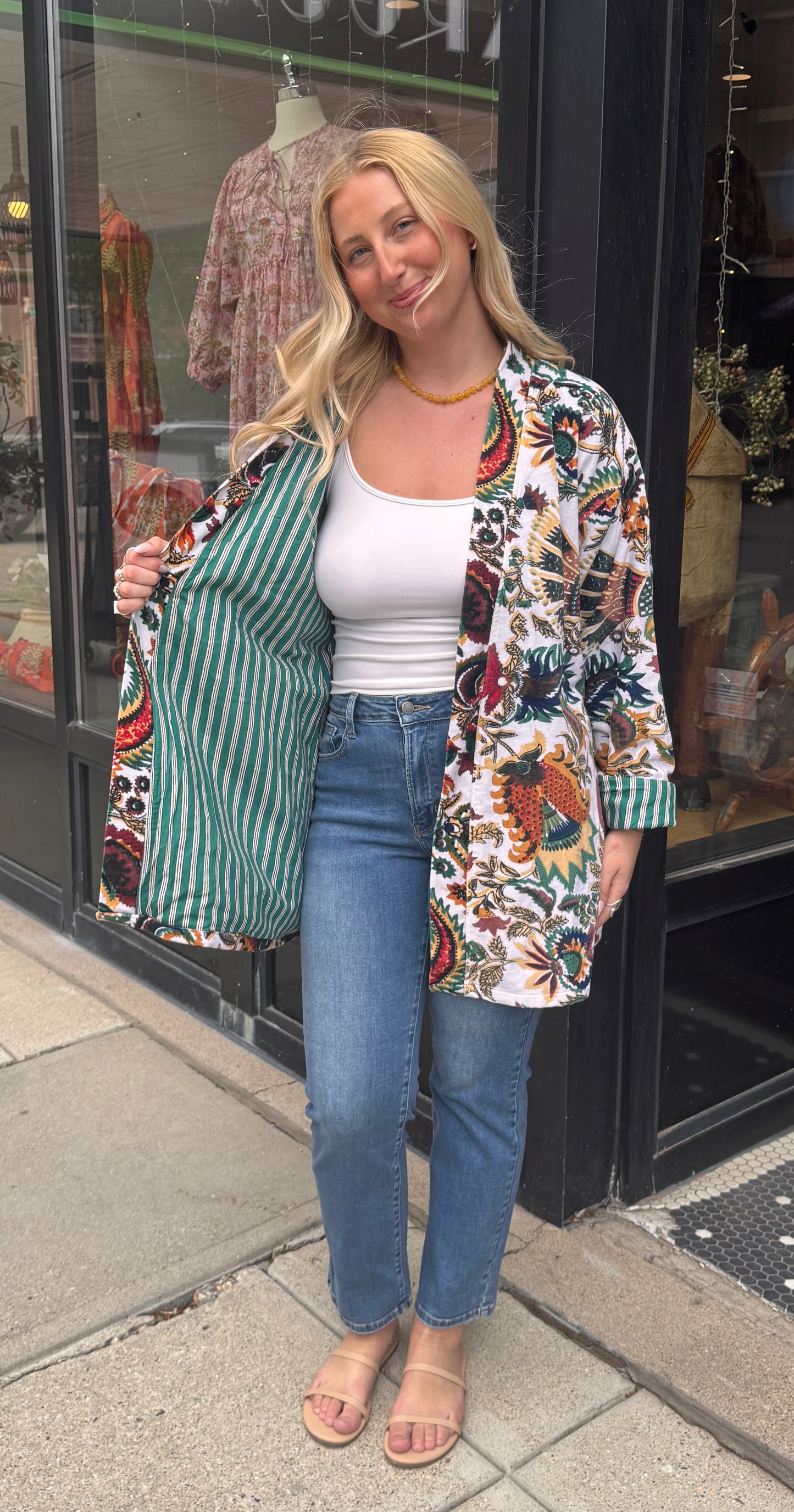 Free Size Velvet White & Green Floral Jacket