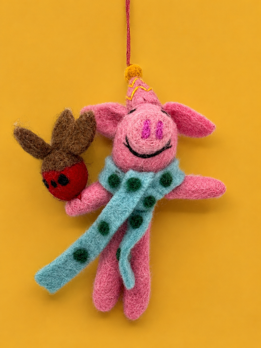 Handmade Felted Wood Happy Pig