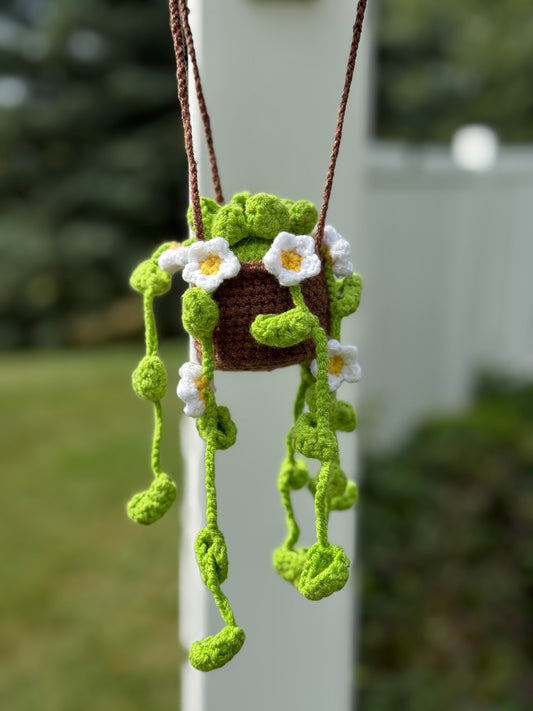 Hand Crocheted Brown Hanging Basket with White Flowers