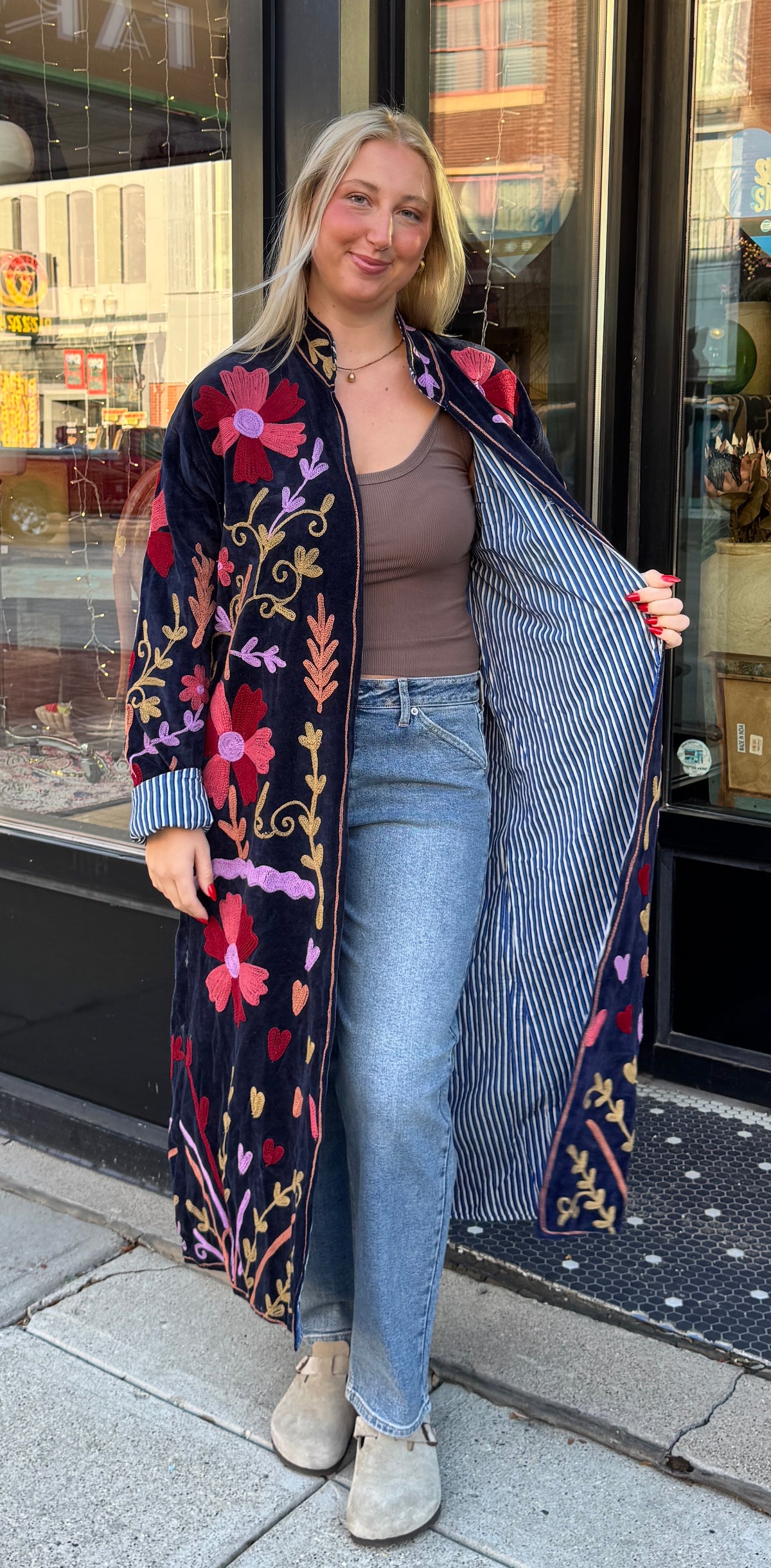 Navy Colorful Velvet Suzani Embroidered Long Jacket Free Size
