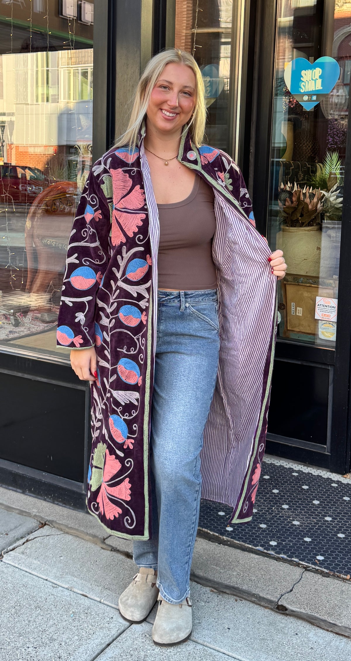 Deep Purple Velvet Suzani Embroidered Long Jacket Free Size