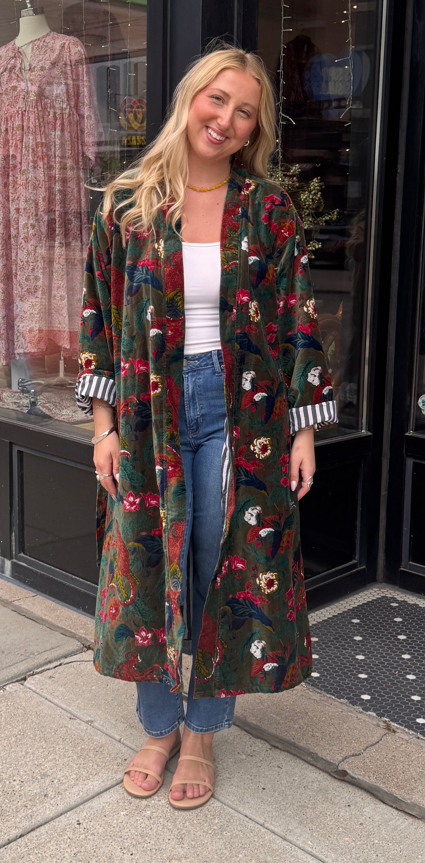 Long Velvet Free Size Green & Floral Coat