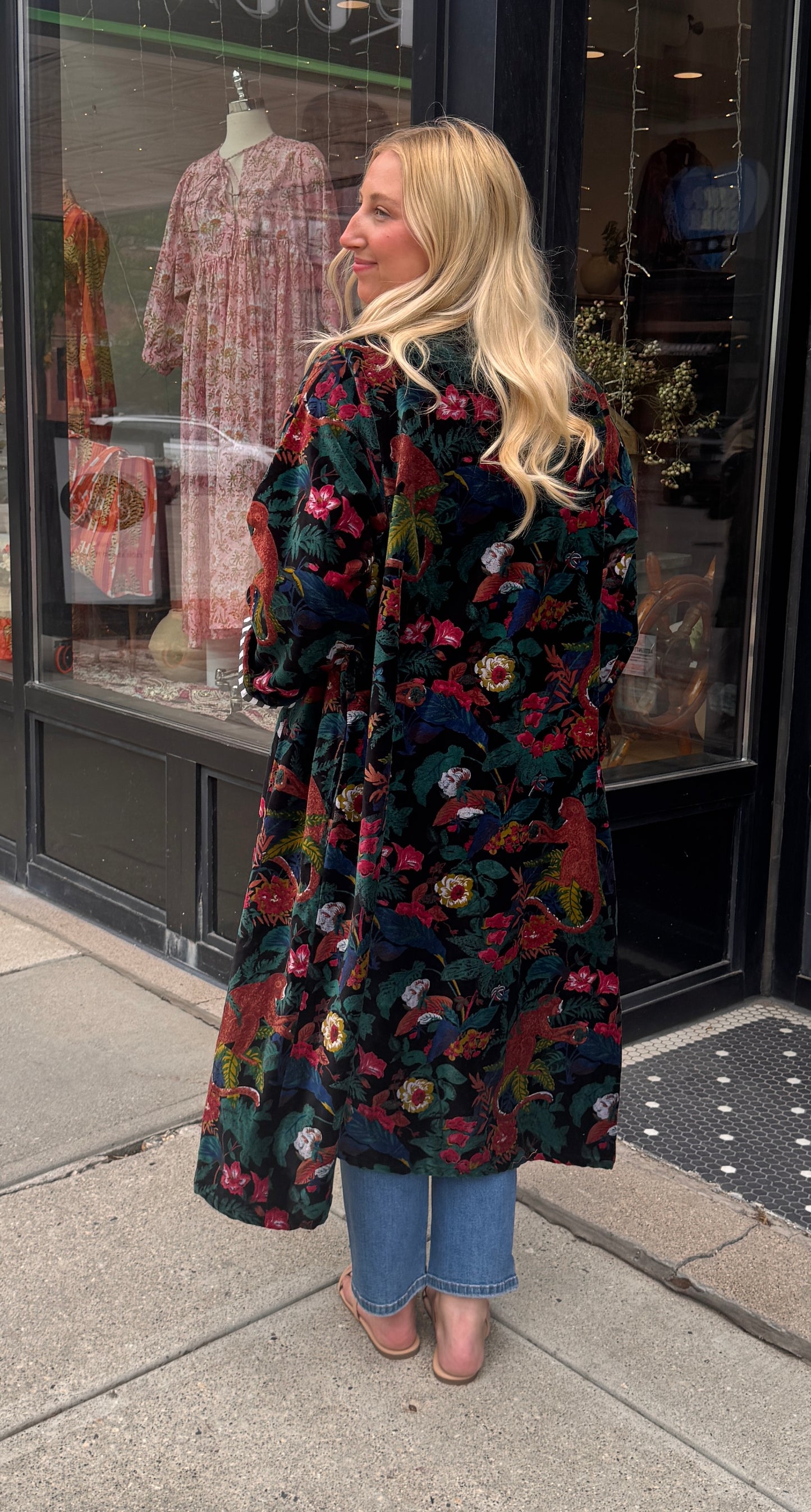 Long Velvet Free Size Black & Floral Coat