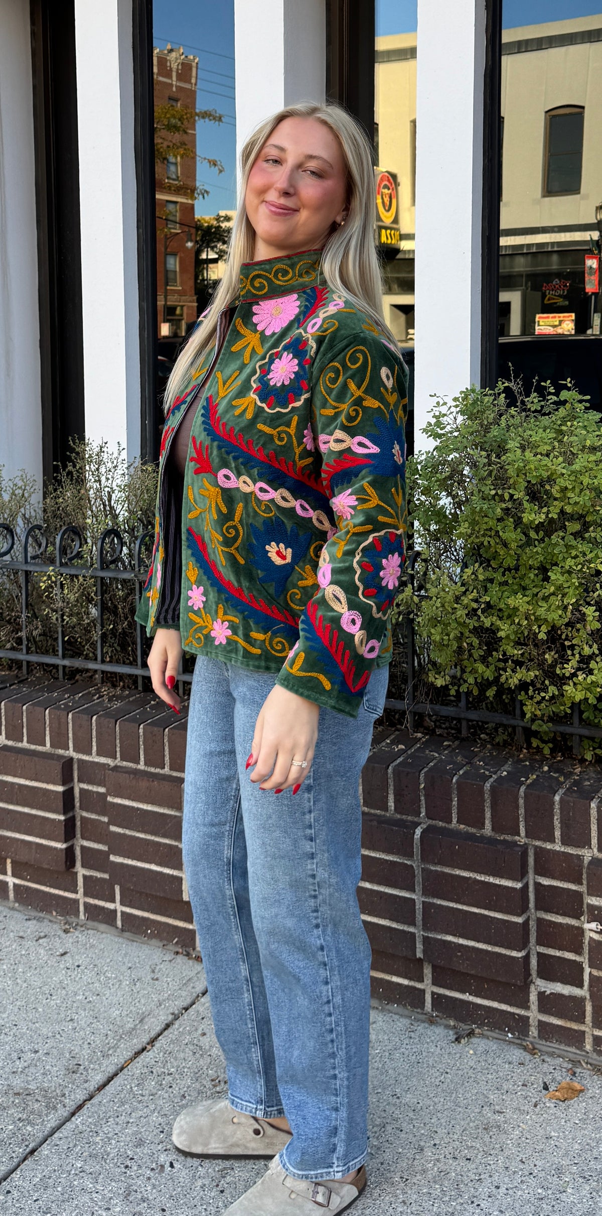 Velvet Embroidered Suzani Green & Pink Jacket Free Size
