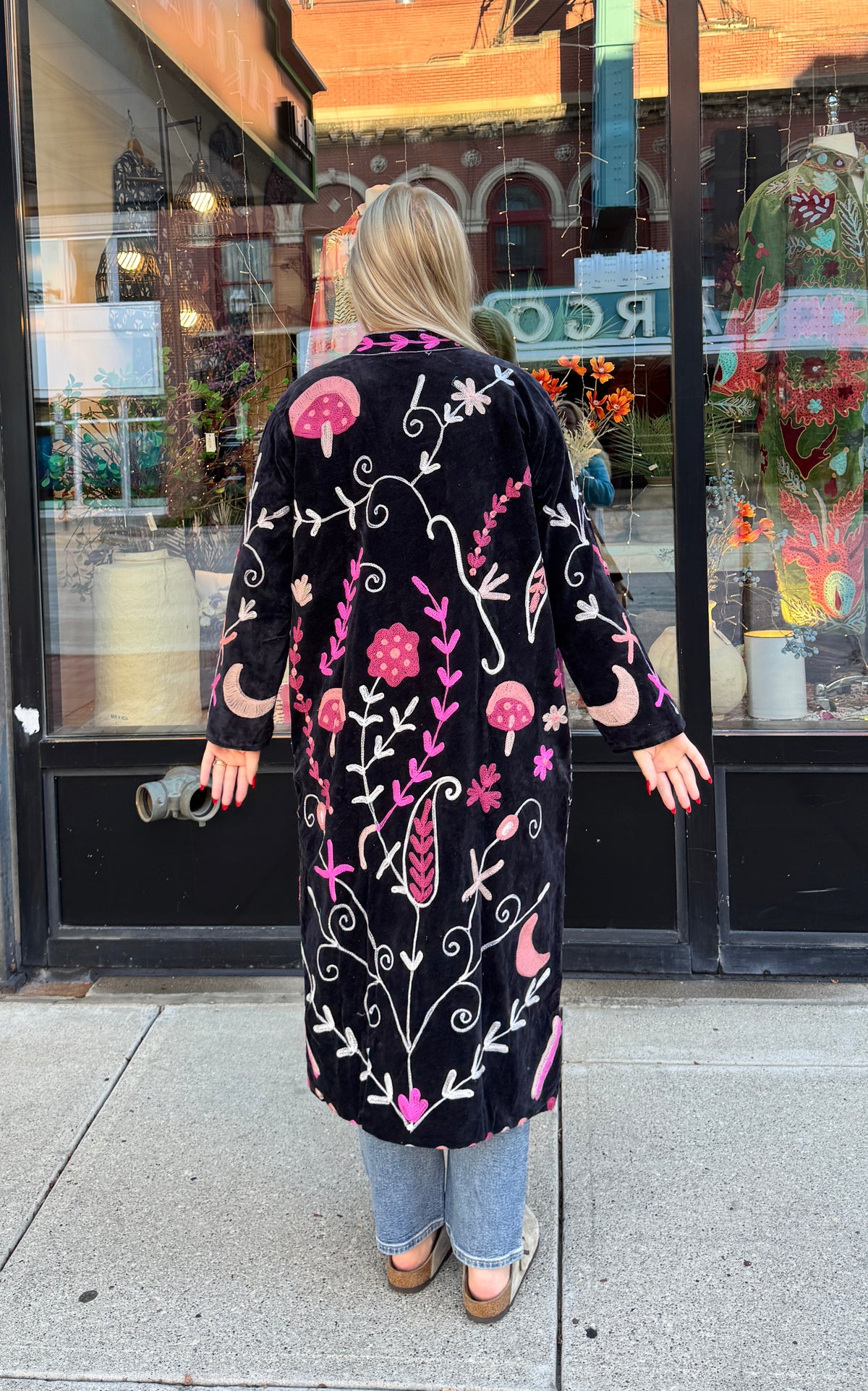 Black Colorful Velvet Suzani Embroidered Long Jacket Free Size