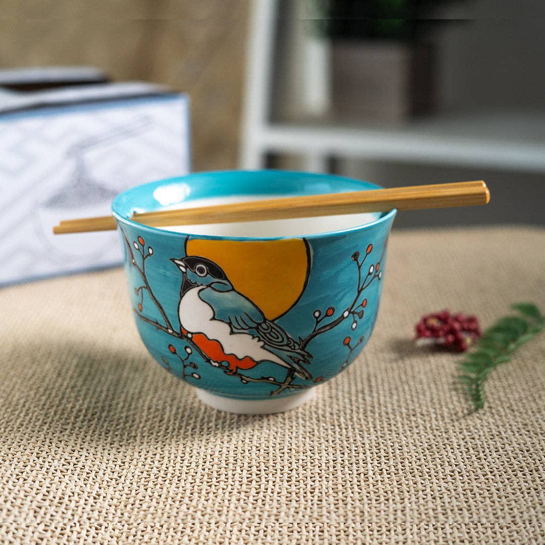18oz 5"D Donburi Bowl With Chopsticks Set Robin