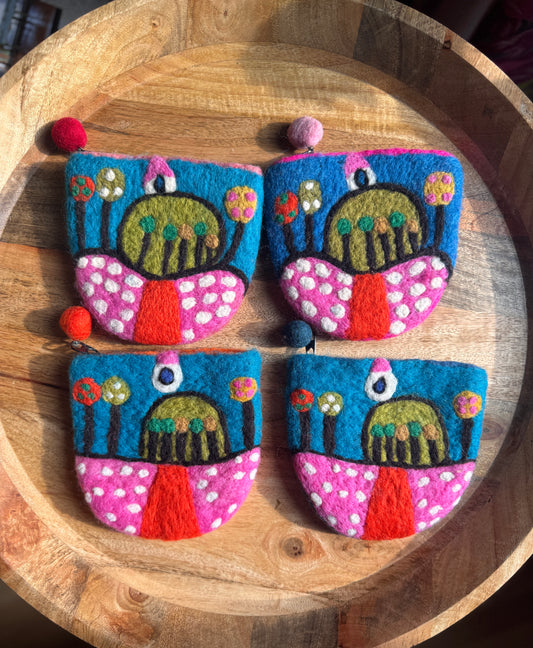 Handmade Felted Wood House On A Hill Coin Purse