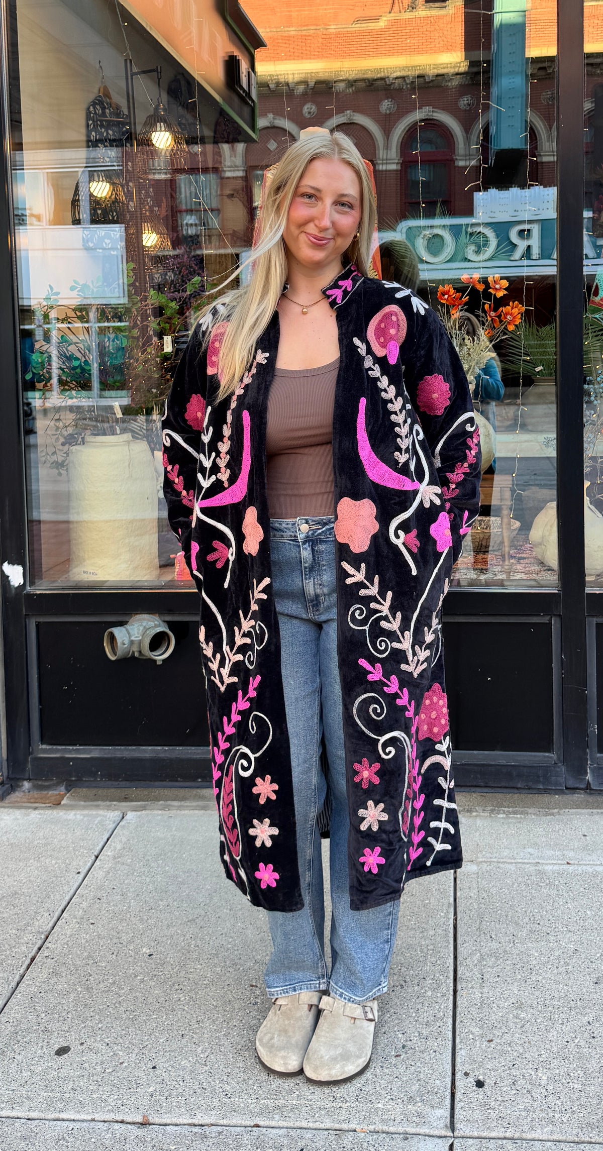 Black Colorful Velvet Suzani Embroidered Long Jacket Free Size