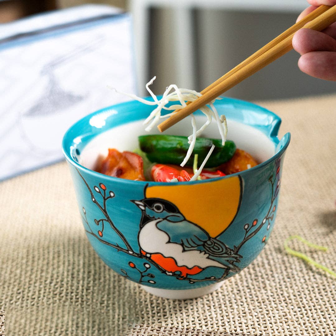 18oz 5"D Donburi Bowl With Chopsticks Set Robin