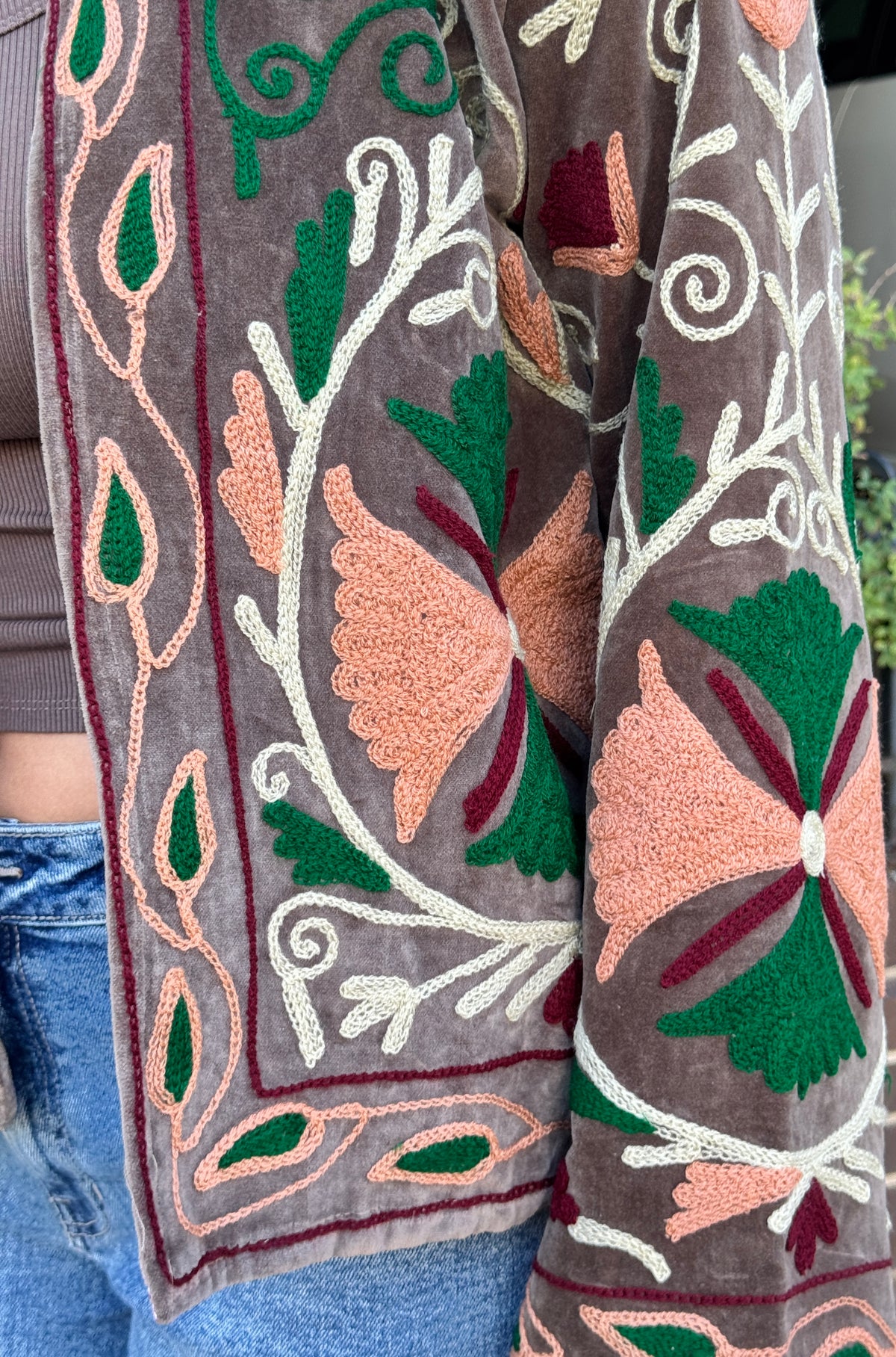 Velvet Suzani Taupe Embroidered Jacket Free Size