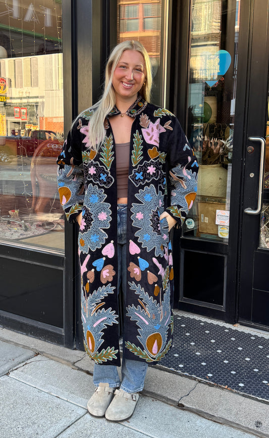 Black Colorful Pinks & Blue Suzani Velvet Embroidered Long Jacket Free Size