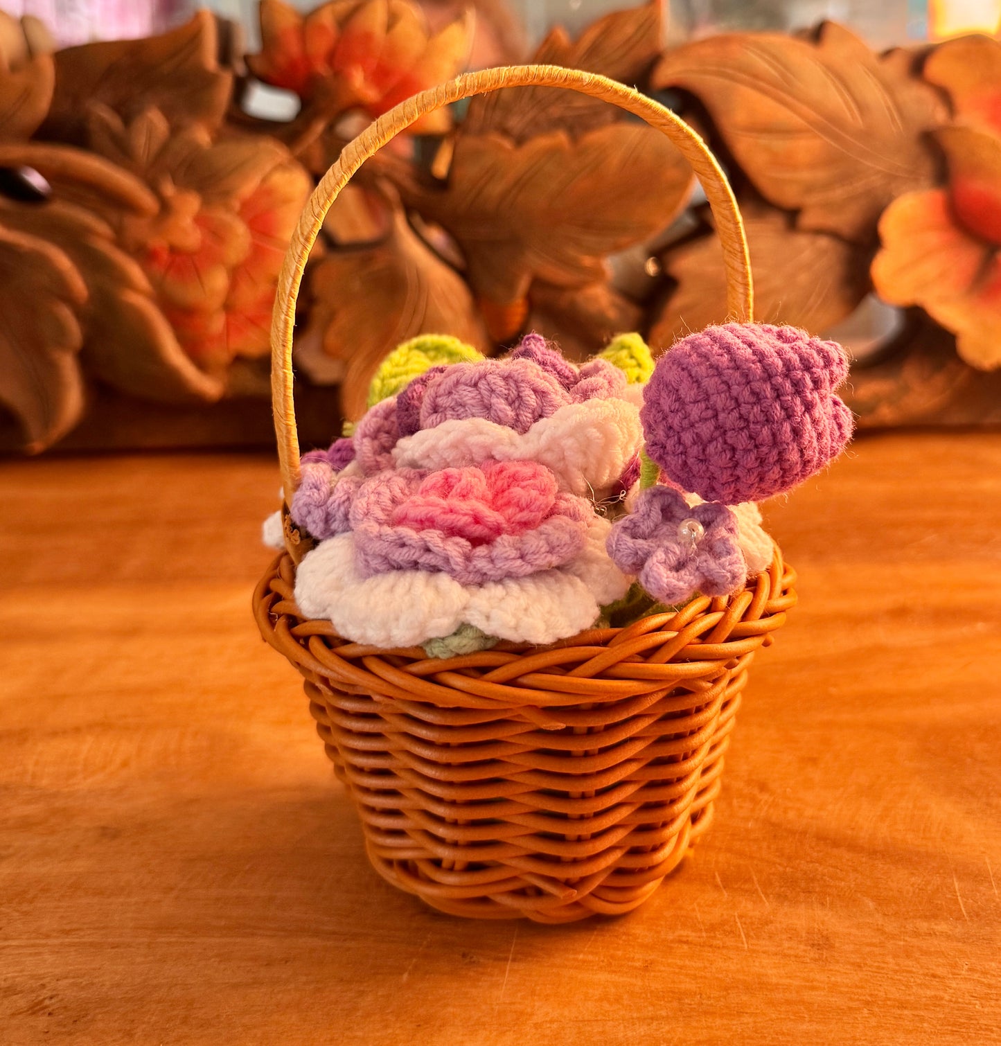Basket of Crocheted Purple Flowers