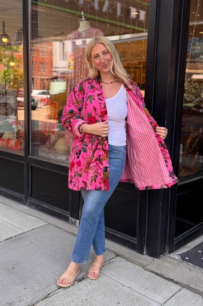 Free Size Velvet Hot Pink & Birds Jacket