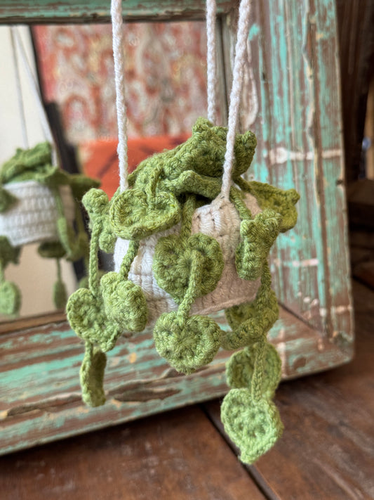Hand Crocheted Dark Green Leaf Hanging Basket