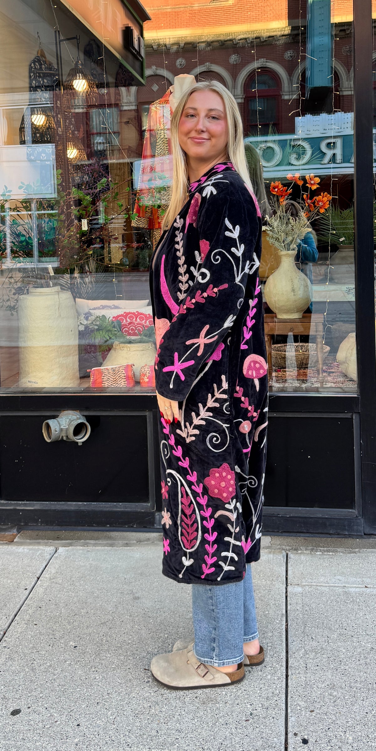 Black Colorful Velvet Suzani Embroidered Long Jacket Free Size