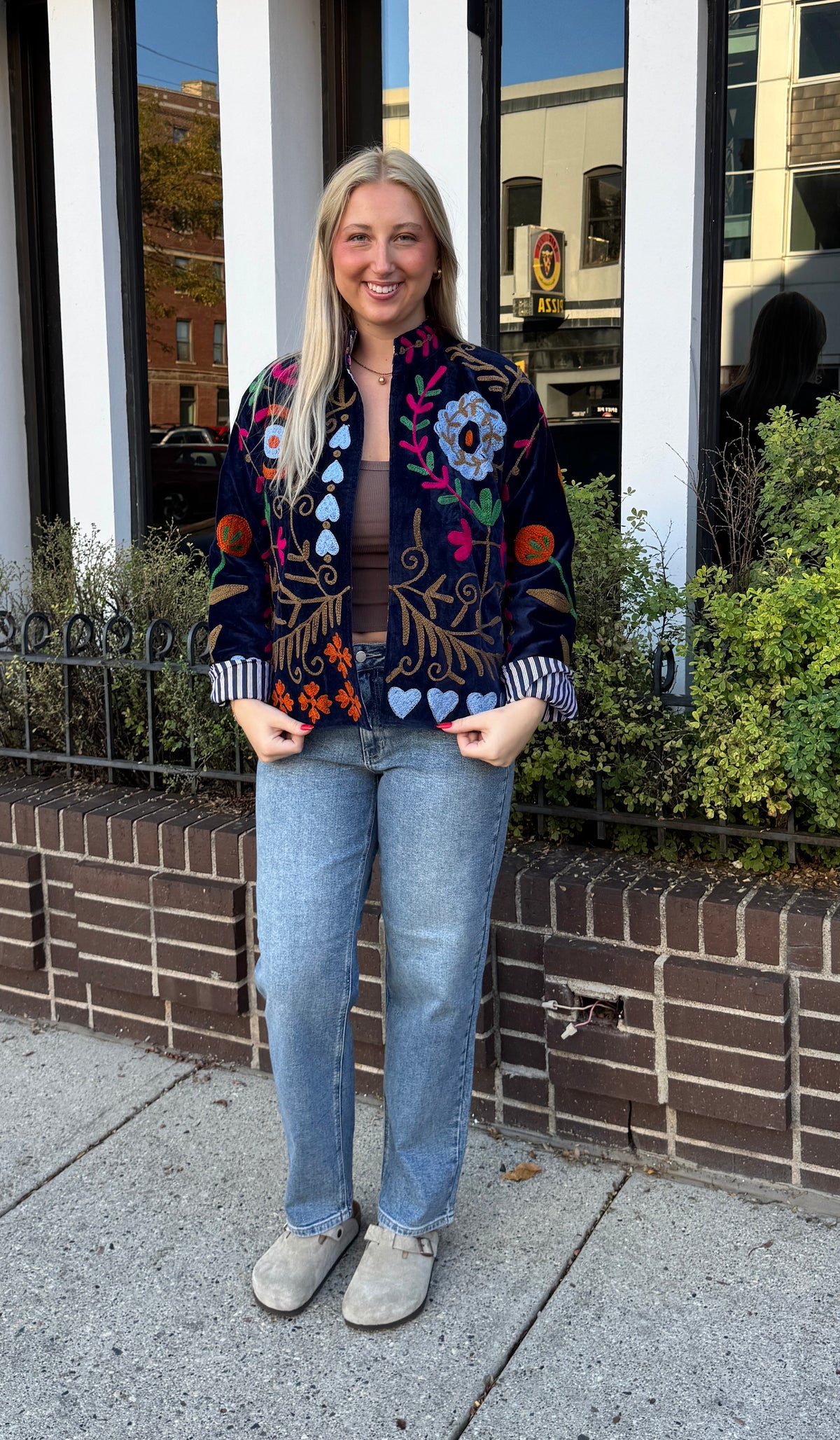 Navy Velvet Embroidered Suzani Jacket Blue Hearts Free Size