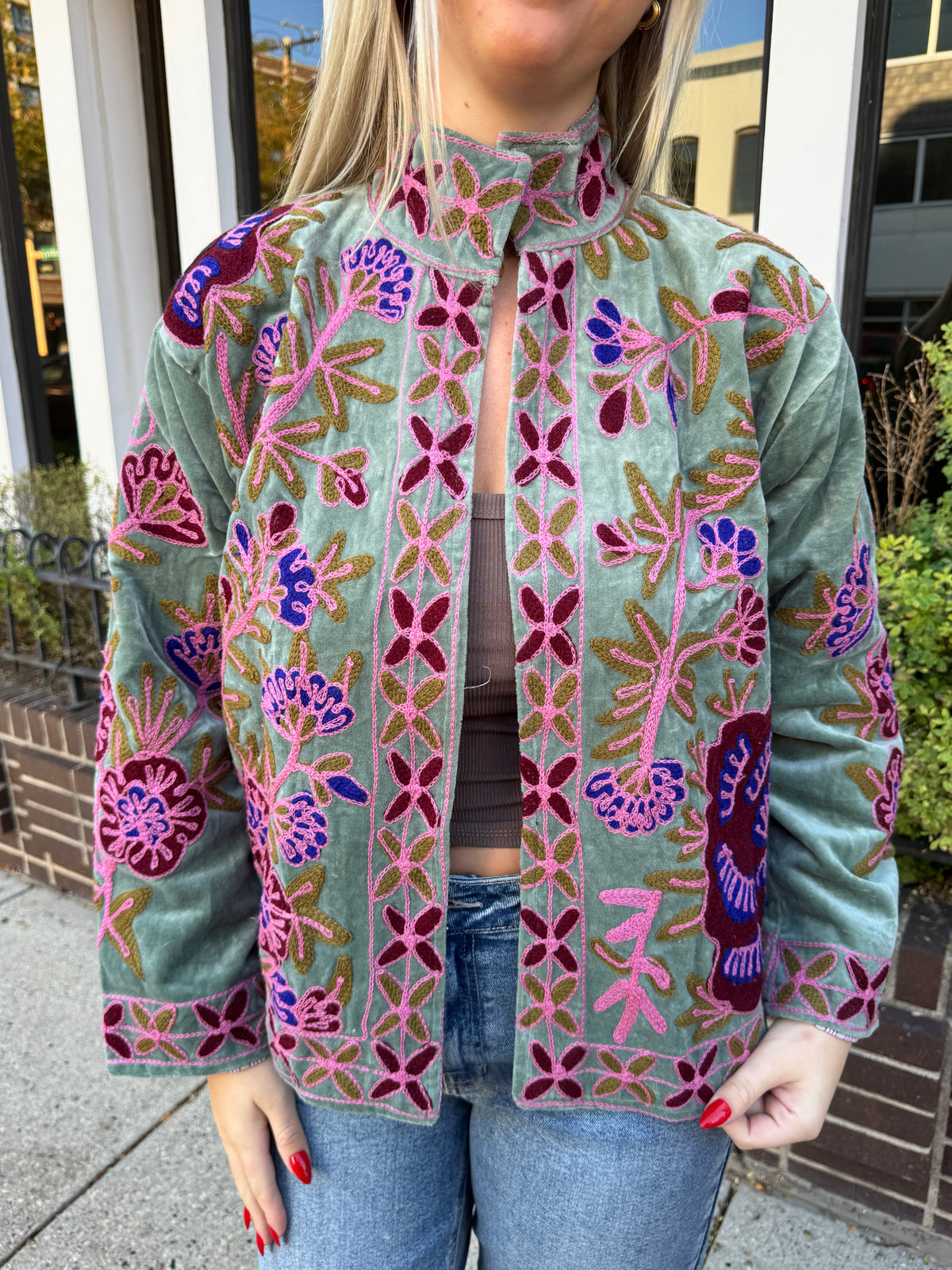 Green Velvet Suzani Embroidered Jacket Free Size