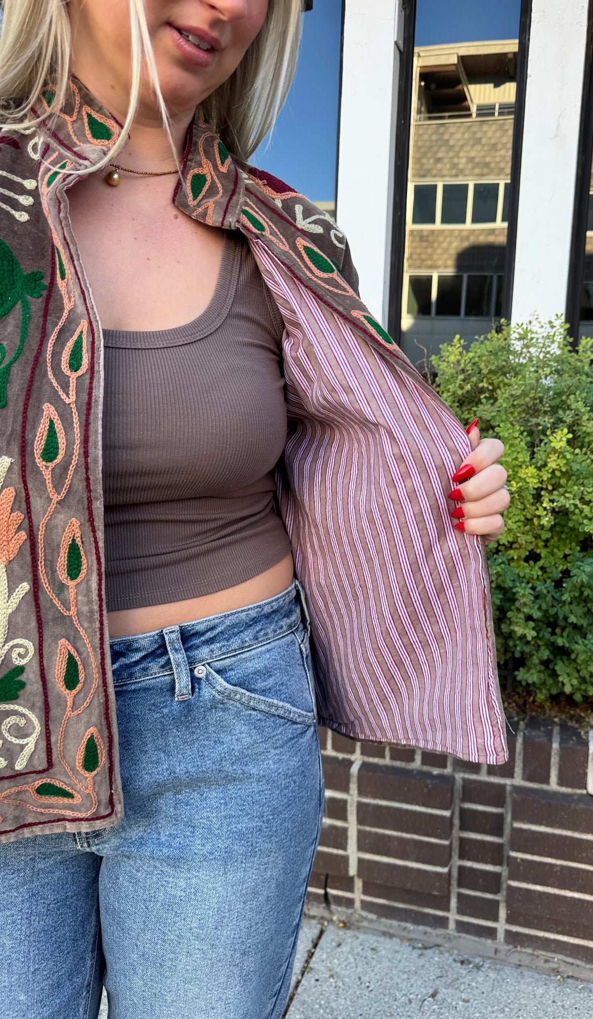 Velvet Suzani Taupe Embroidered Jacket Free Size