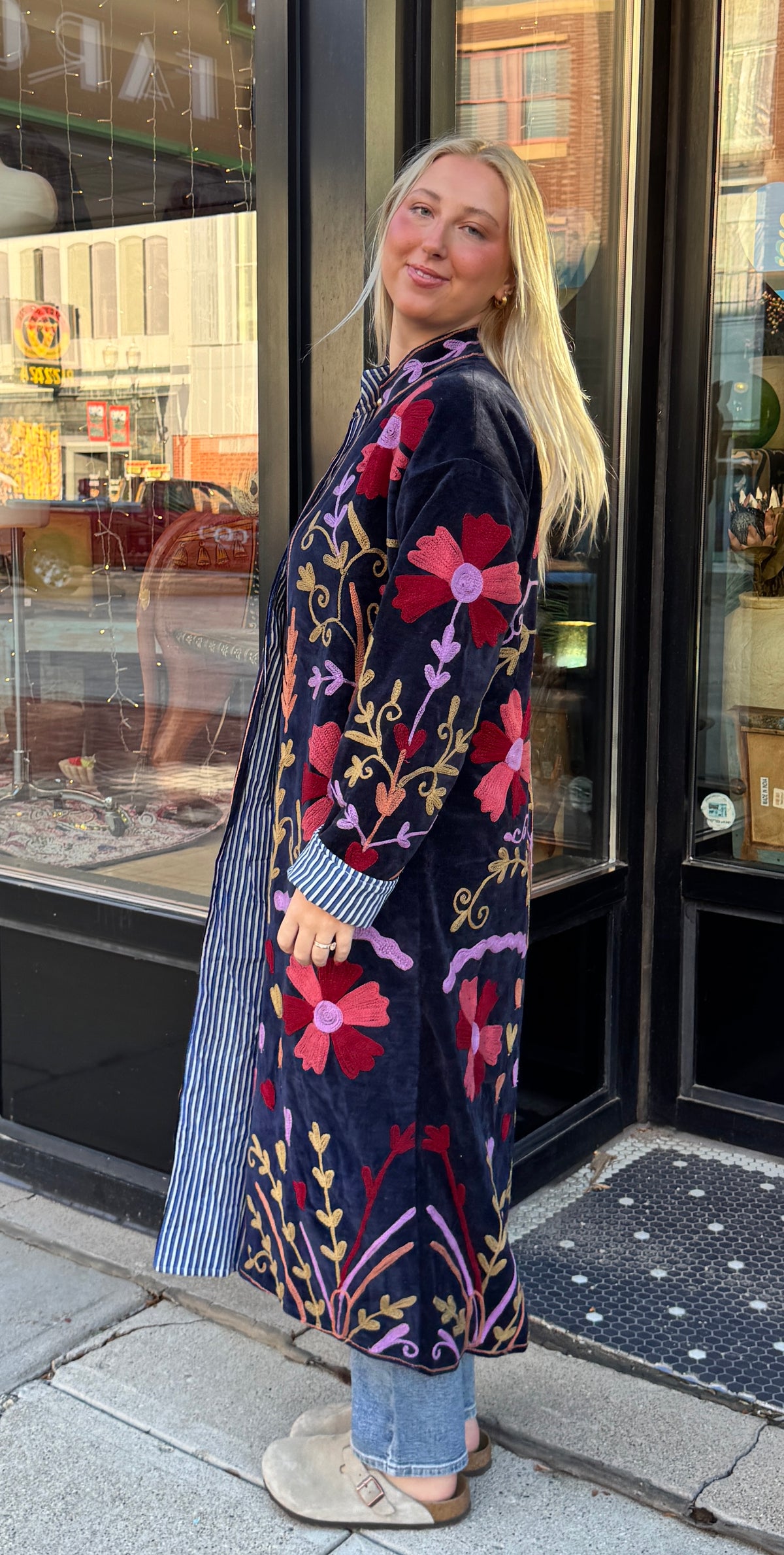 Navy Colorful Velvet Suzani Embroidered Long Jacket Free Size